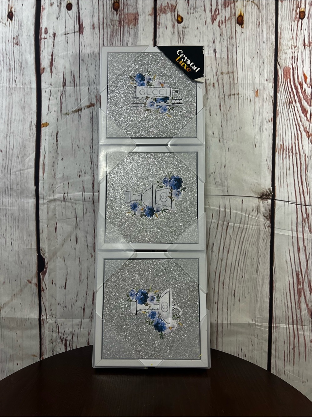 Crystal Luxe Decor Bathroom Accent  Silver Glitter Triptych w/ Blue Floral Motif
